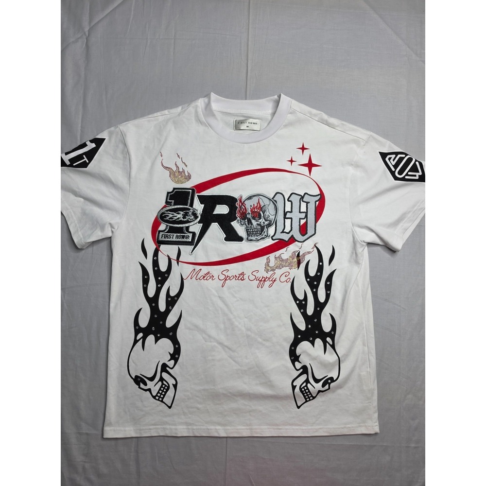 First Row T-Shirt Men's M White Graphic Rhinestone Skull Crew Neck Short Sleeve